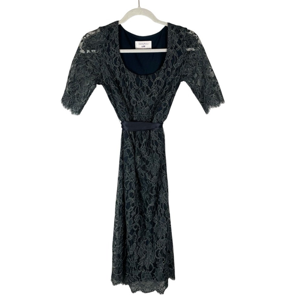 Seraphine Luxe Teal Lace Maternity Dress with Silk Sash Belt Size 2 - Picture 2 of 9
